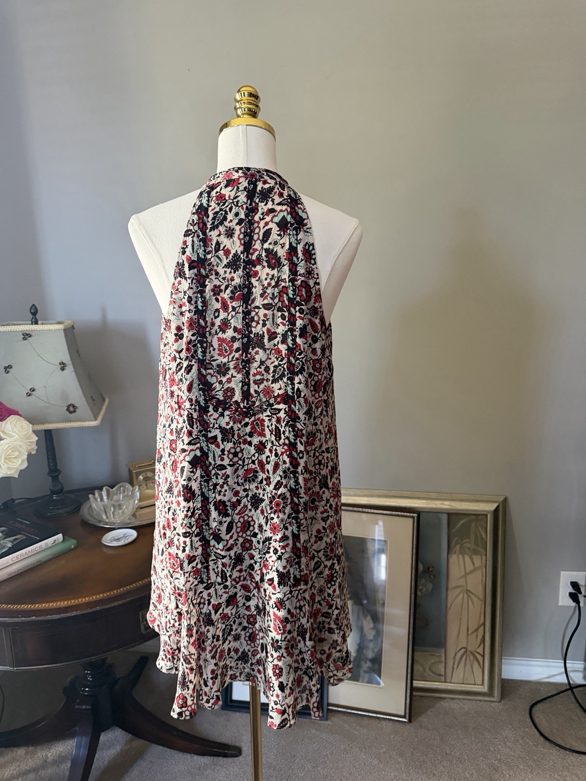 A.L.C. 100% Silk Boho Floral Halter Mini Dress Size 8 Tassel Tie