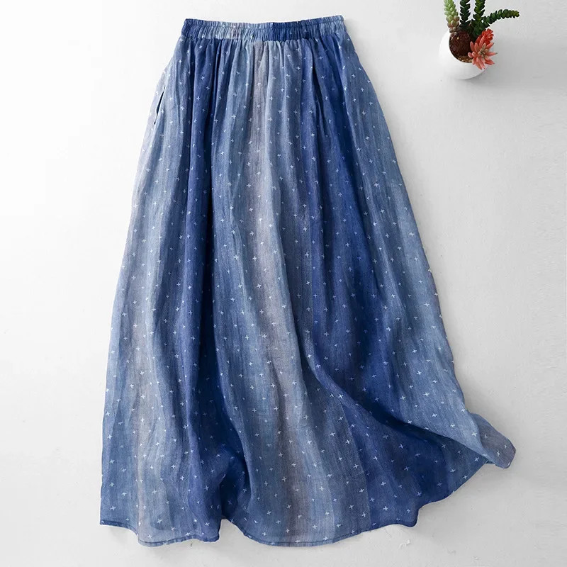 Cotton Linen A- Line Gradient Polka Dot Long Skirt Drifting Thin Large Swing Lin