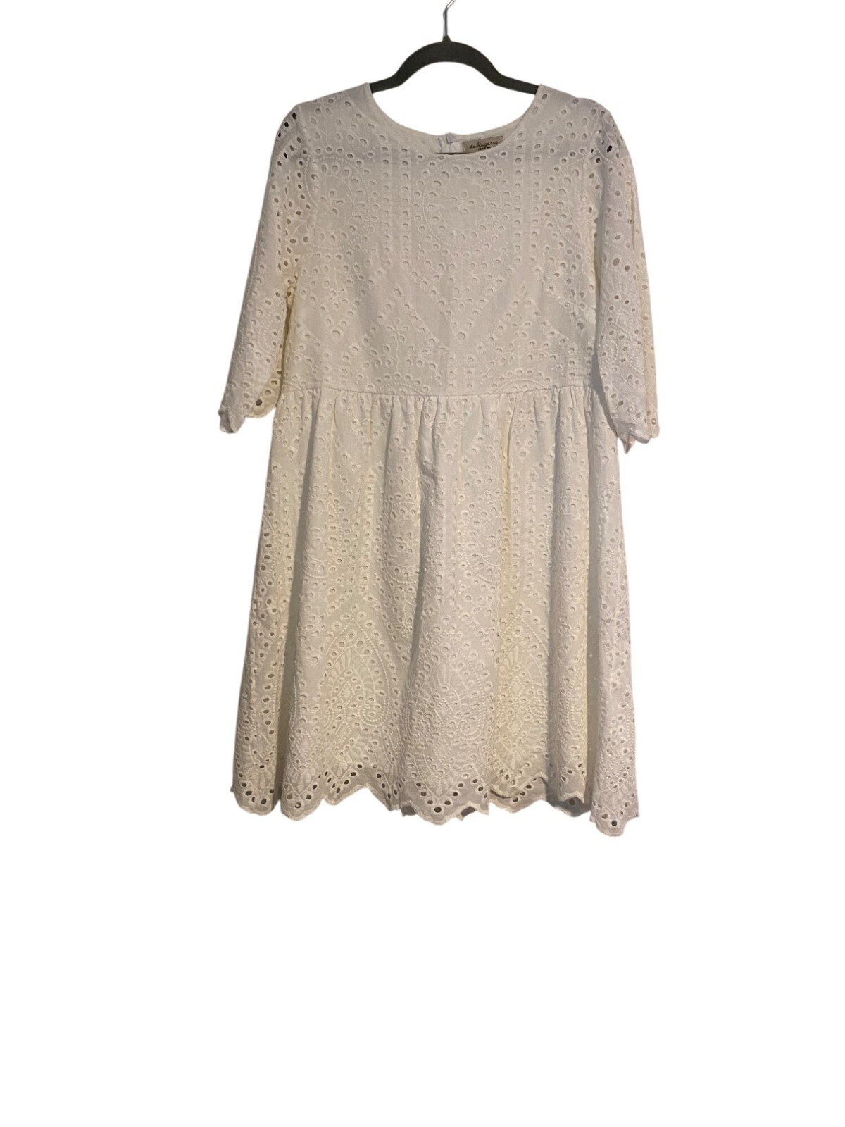 Le Ragazze Ivory Eyelet Lace Dress L Made In Italy 3/4 Sleeves Scalloped Hem
