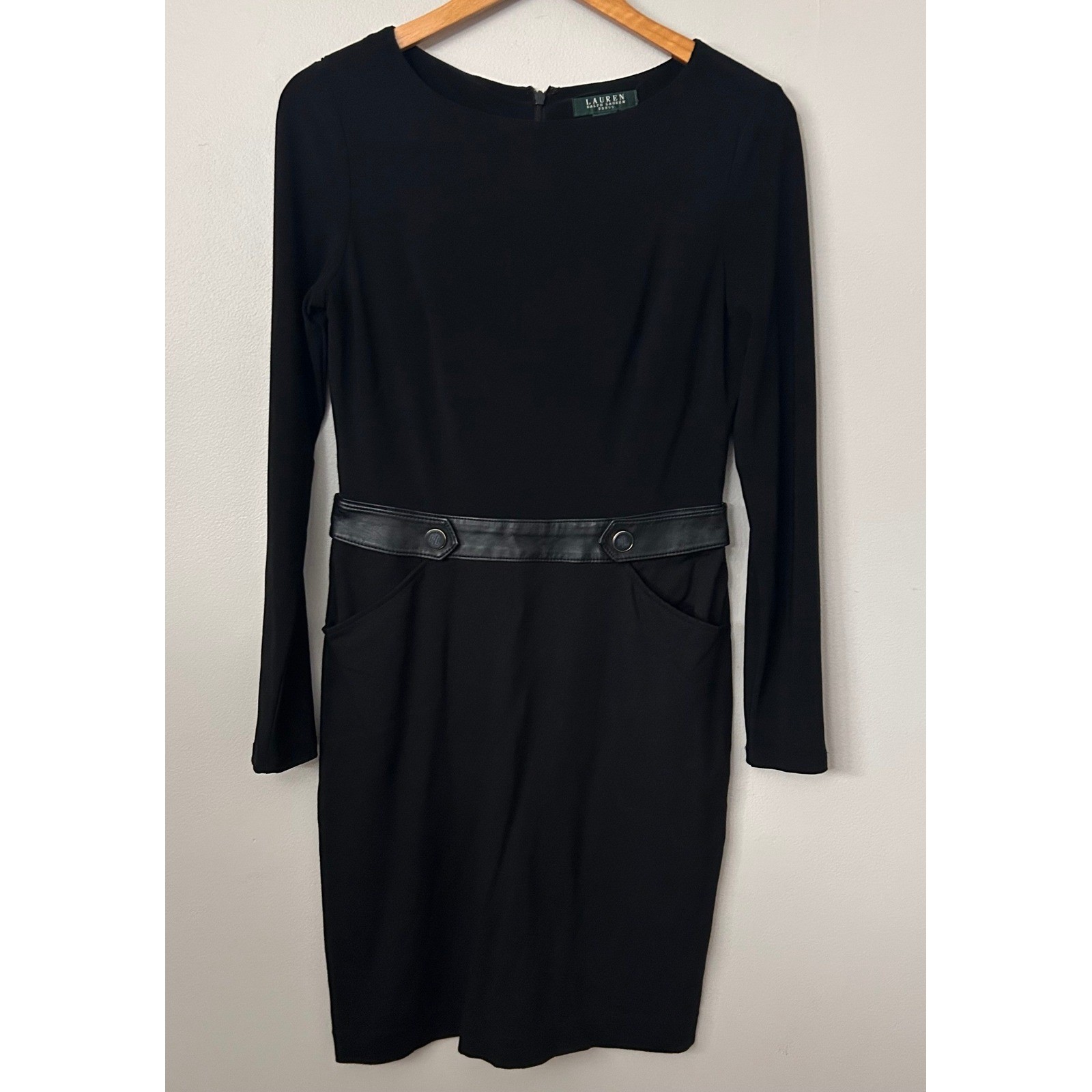Lauren Ralph Lauren Dress Black Womens 6 Sheath Faux Leather Trim Workwear Chic