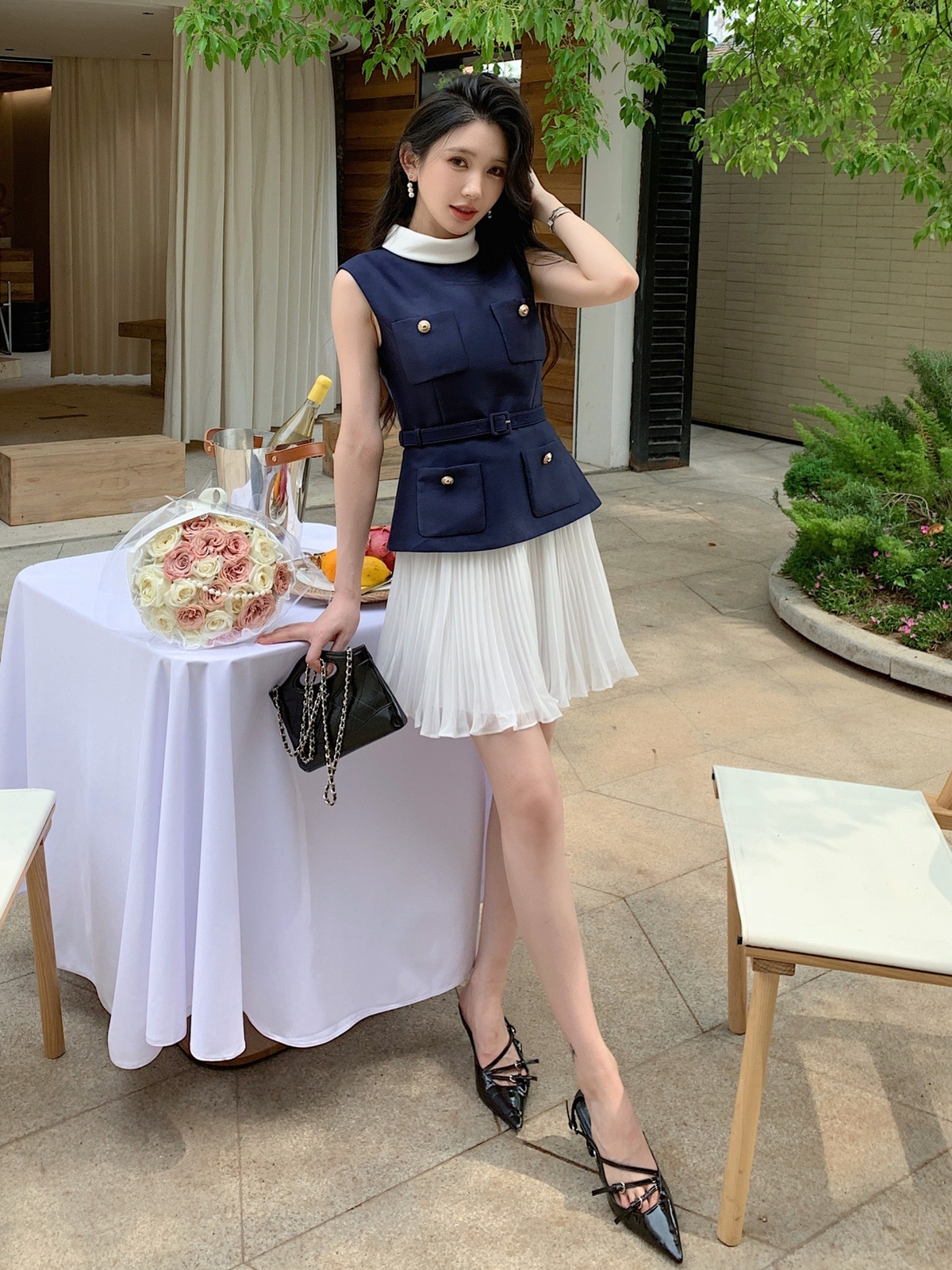 Self-Portrait Two fakes Sleeveless Stand-up collar dress Pleated chiffon dress