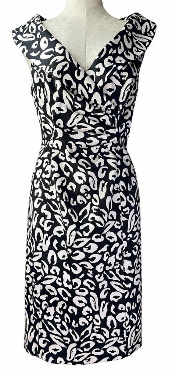 Kay Unger Black White Leopard Print Sheath Dress Size 14 Cocktail Career