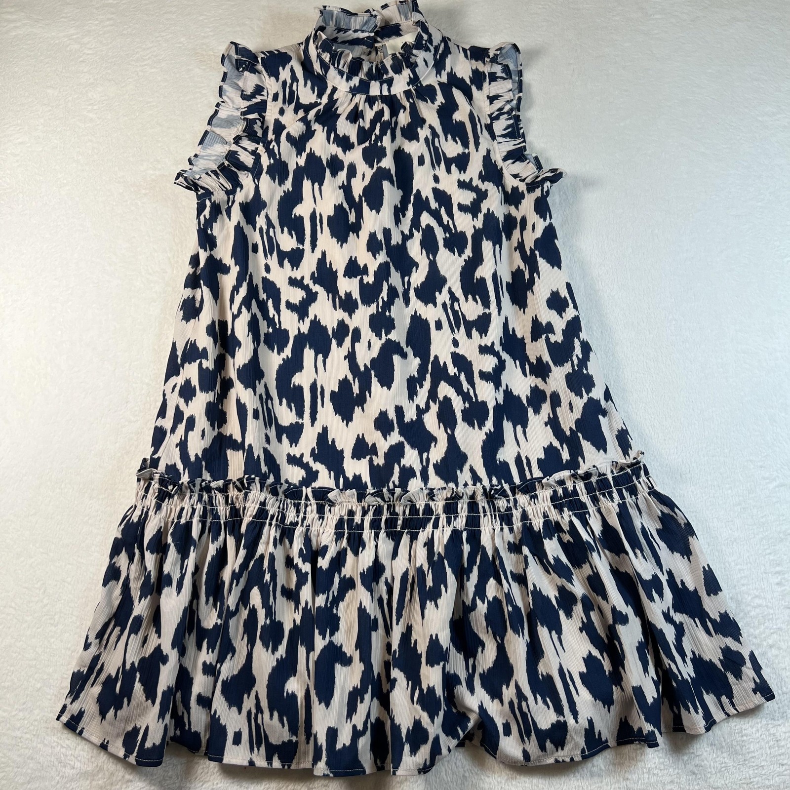 Pinch Dress Womens Small Blue Animal Print Ruffle Hem Shift High Neck Lined Mini
