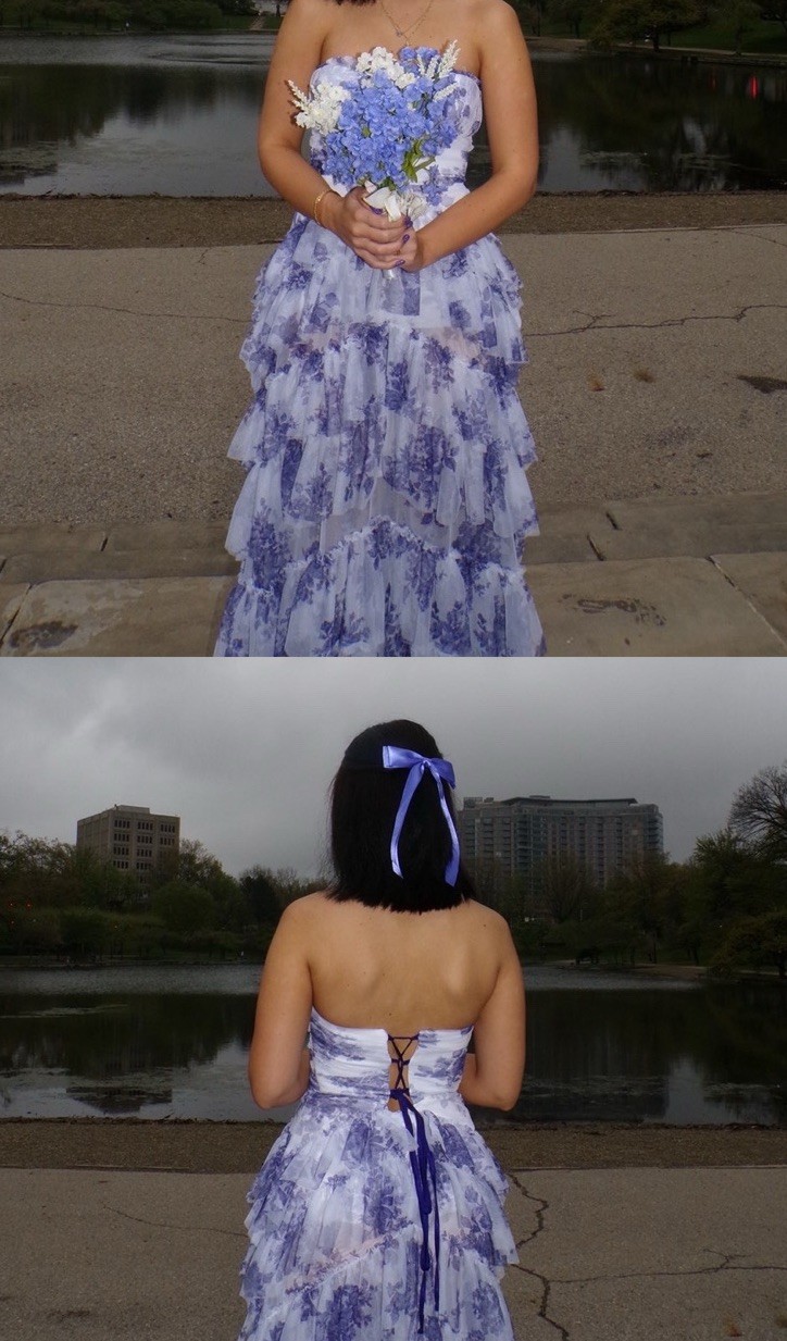 dillards Strapless Long Formal Gown White/Blue Floral Tiered Ruffle Lace-Up