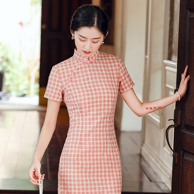 Chinese Traditional Cheongsam Check Midi Qipao Dress Oriental Gown Sweet