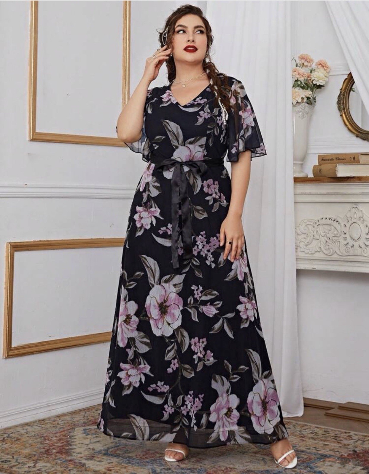 Elegant Formal High Waist V-neck Belted Half Sleeve Floral Slim-fit Maxi Dress