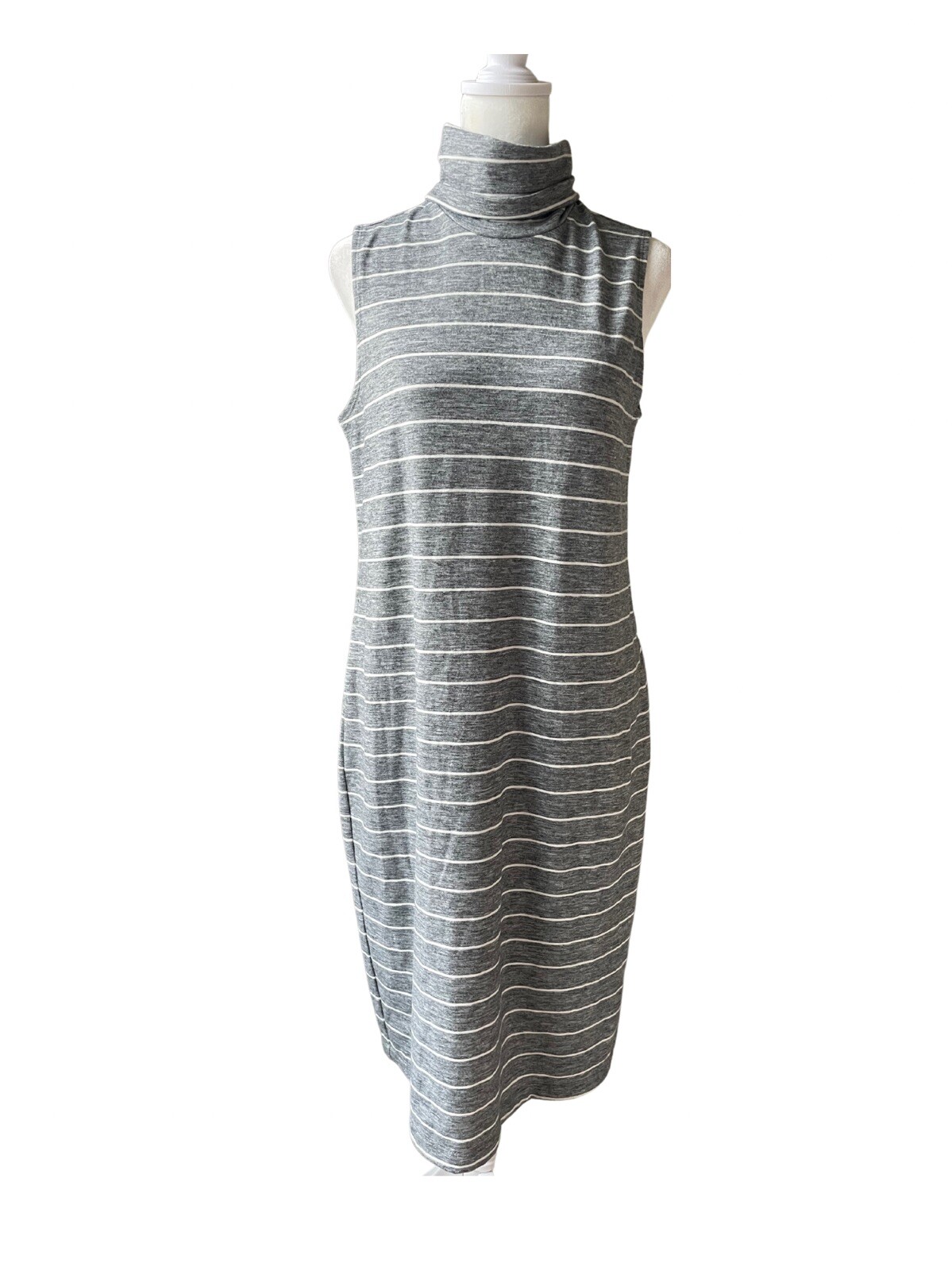 Women’s Size Medium Old Navy Grey Striped High Neck Fitted Sleeveless Dress
