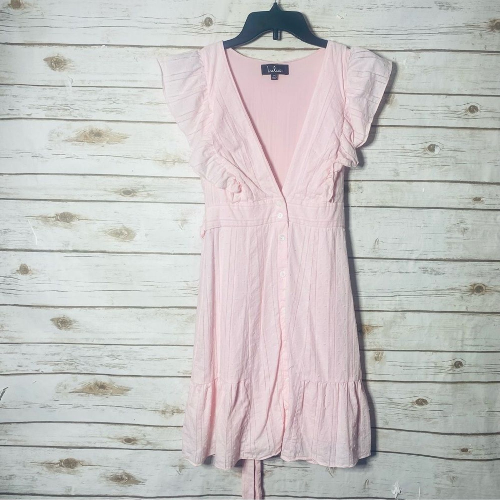 Lulu’s Women’s V Neck Button Down Tie Waist Light Pink Ruffle Mini Dress Size M