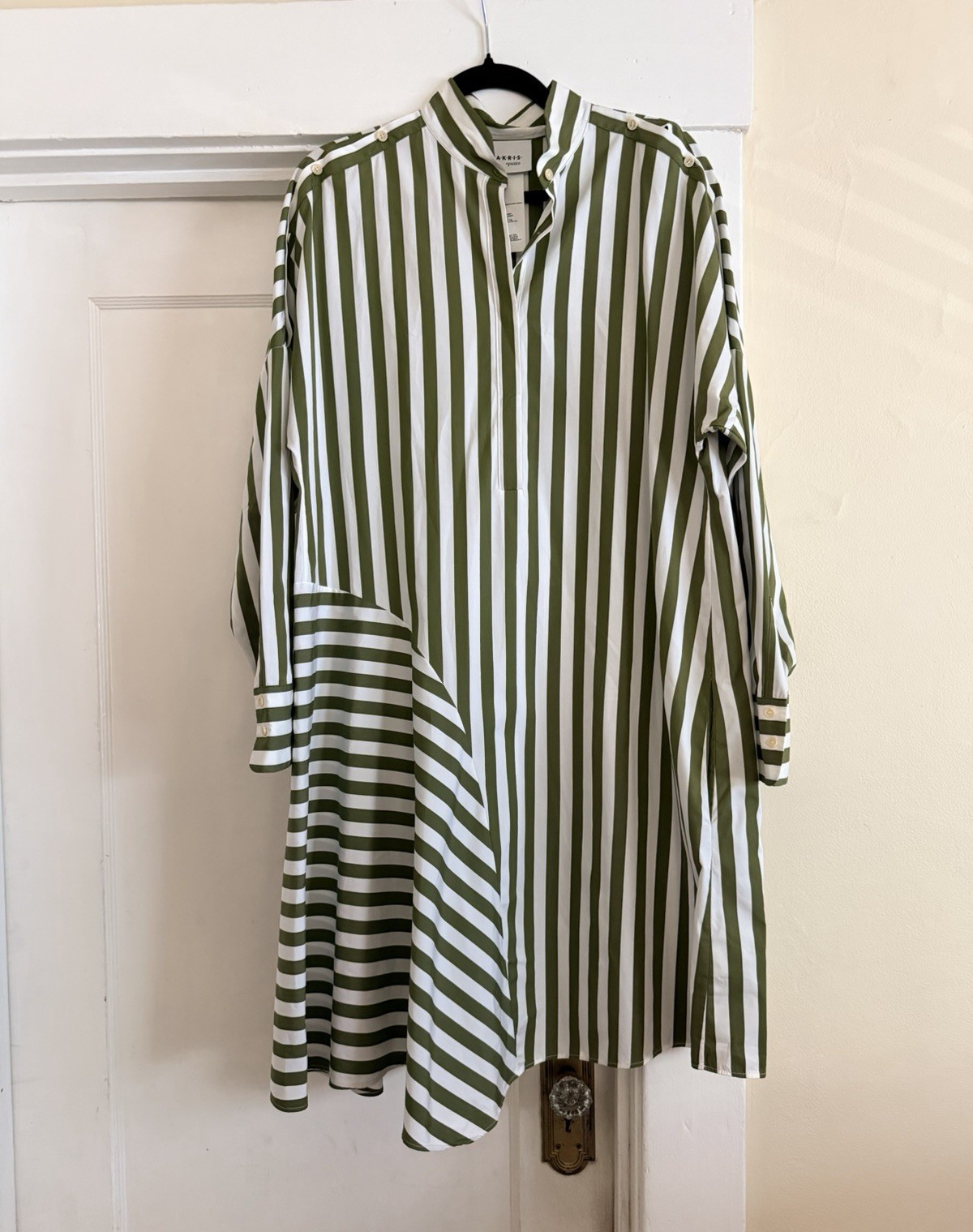 Akris Punto Green/White Striped Poplin Collared Button Shirt Tunic/ Dress Size S