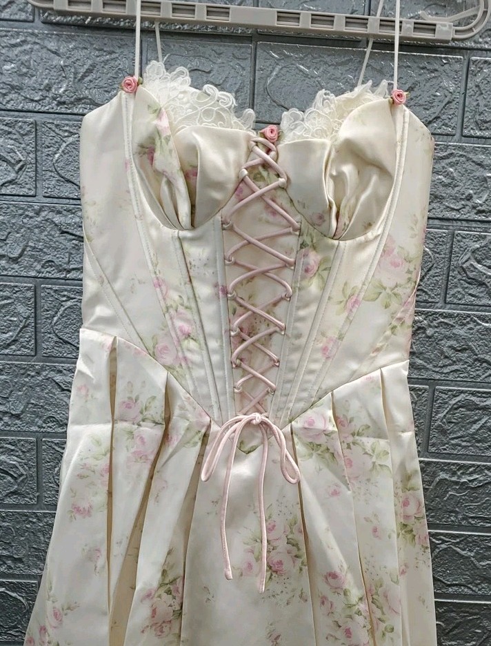 New Lace Made Love Flower Notes Corset Dress Cream/Pink Size Small