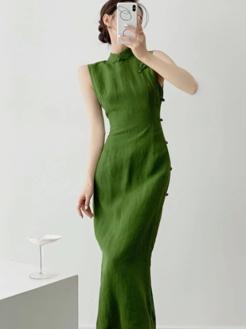 Womens Green Vintage Art Dress Chinese Qipao Casual Sexy Sleeveless Slit Party