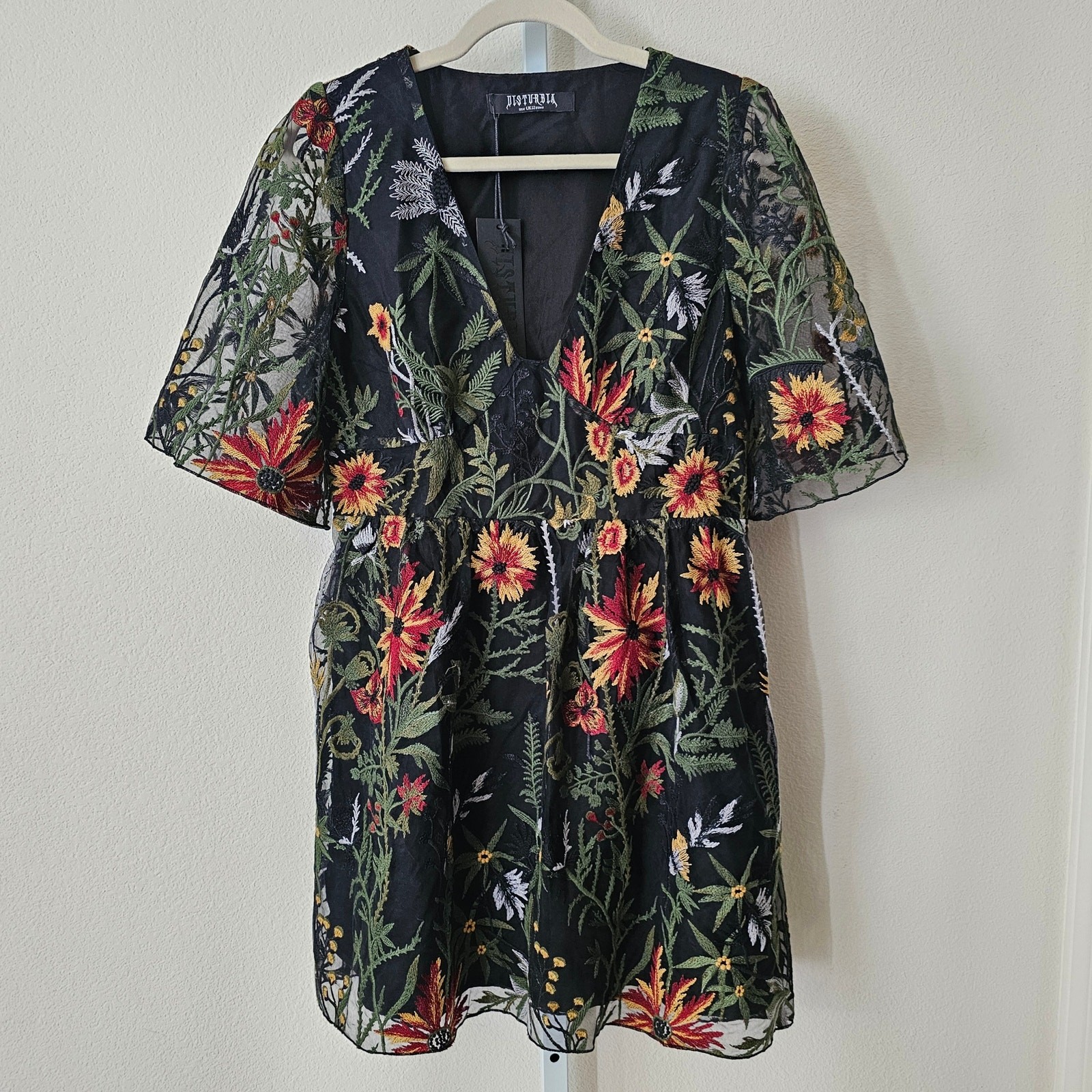 DISTURBIA NWT Wildflower Embroidered Floral Boho Goth Mesh Mini Dress Sz US 8