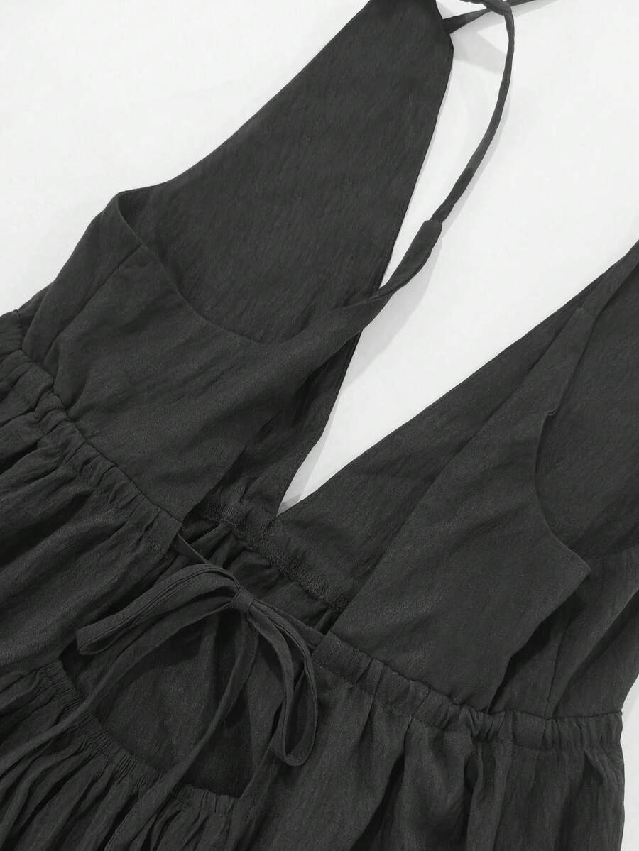 Spaghetti Strap Dress Side Pockets Backless Slit Hem Casual Cami Maxi Long