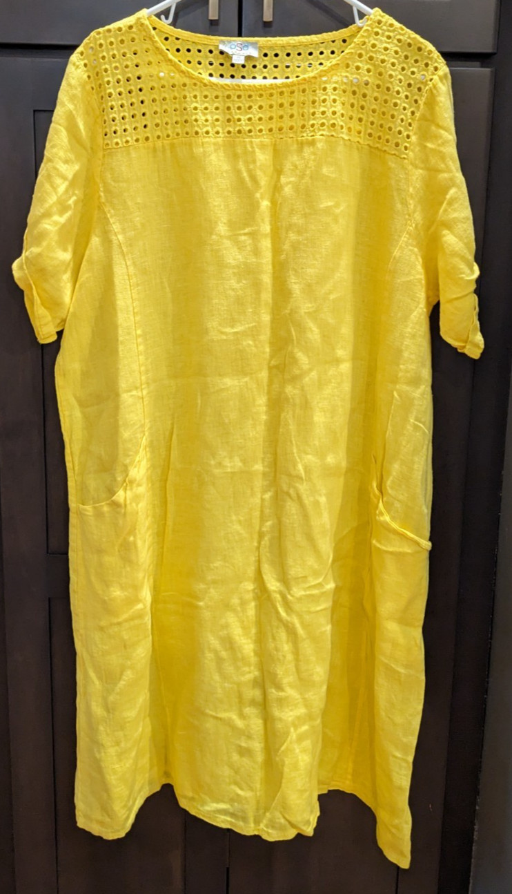 OSO Casuals Linen Dress Eyelet Yellow Short-Sleeve Front Pockets Italy – 2X