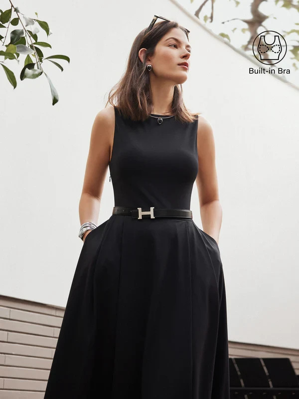 OGLmove Success Boatneck Midi Ponte Dress with Pockets Office Work Wear Black