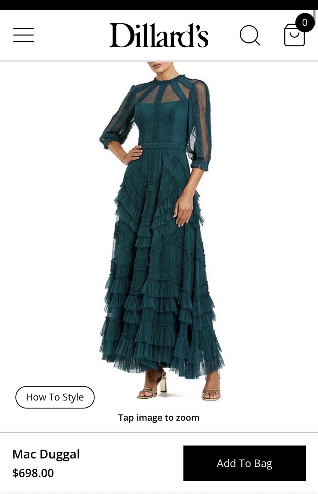 Mac Duggal 3/4 Puff Sleeve Mesh Micro Ruffle Long Gown