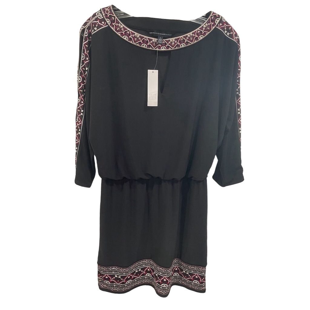White House Black Market Blouson Dress Black Red Plum Embroidery Size S AK49
