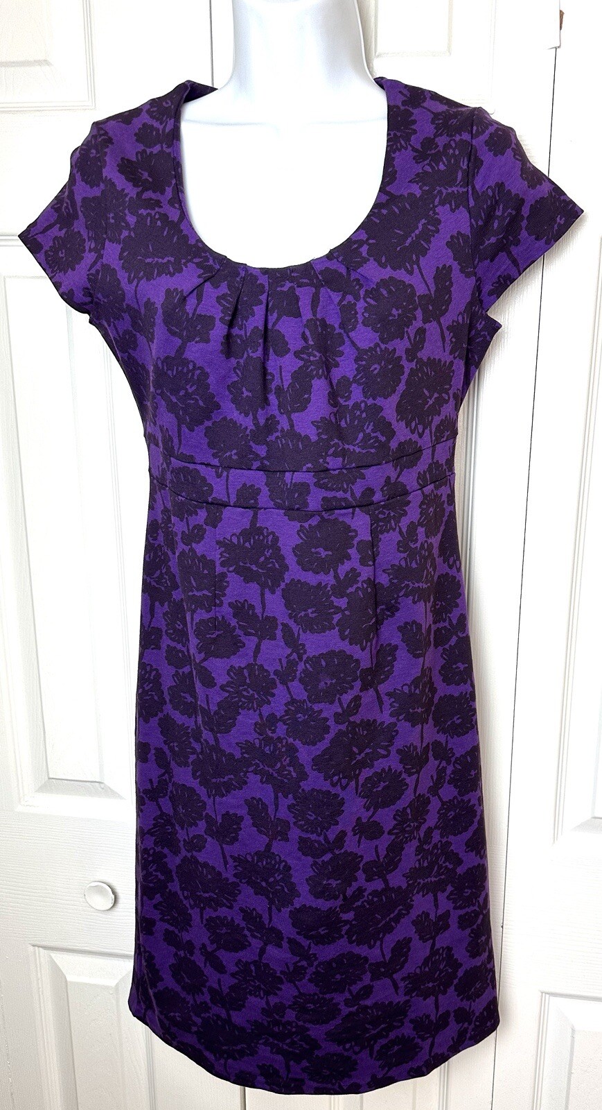 New BODEN Uptown Jersey Sheath Dress Purple Pleats Floral WH292 Sz 4R US 8R UK