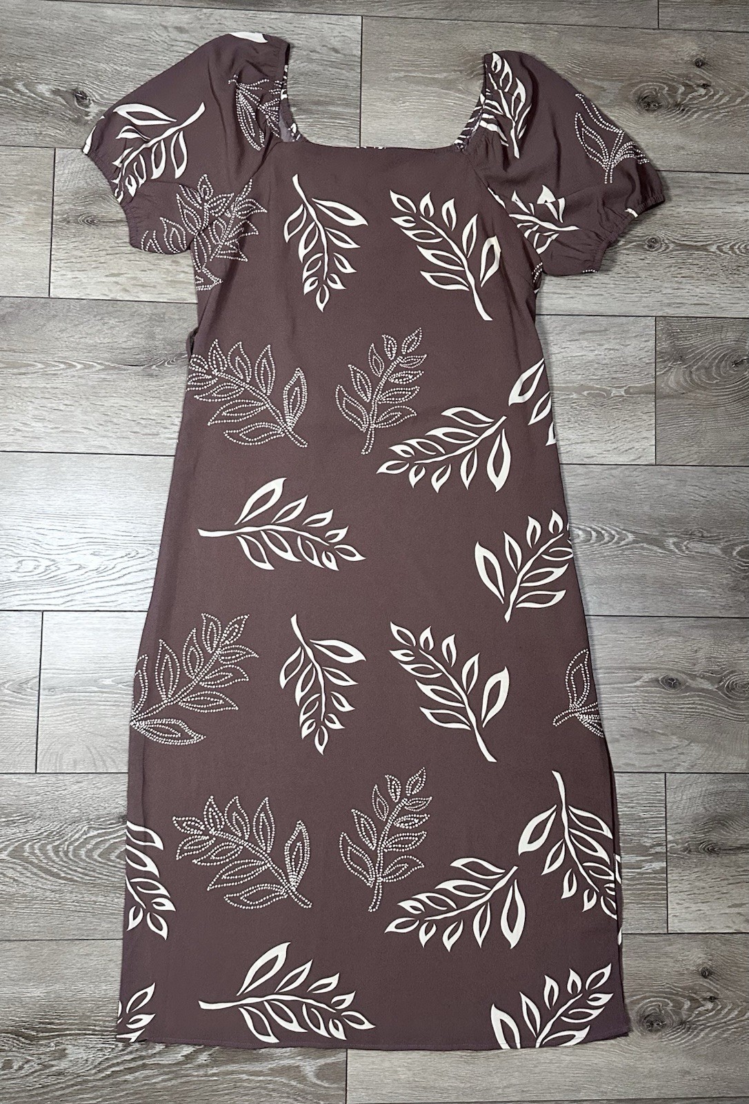 Absolutely Famous XL Square Neck Puff Sleeve Neutral Leaf Print Midi Dress Boho