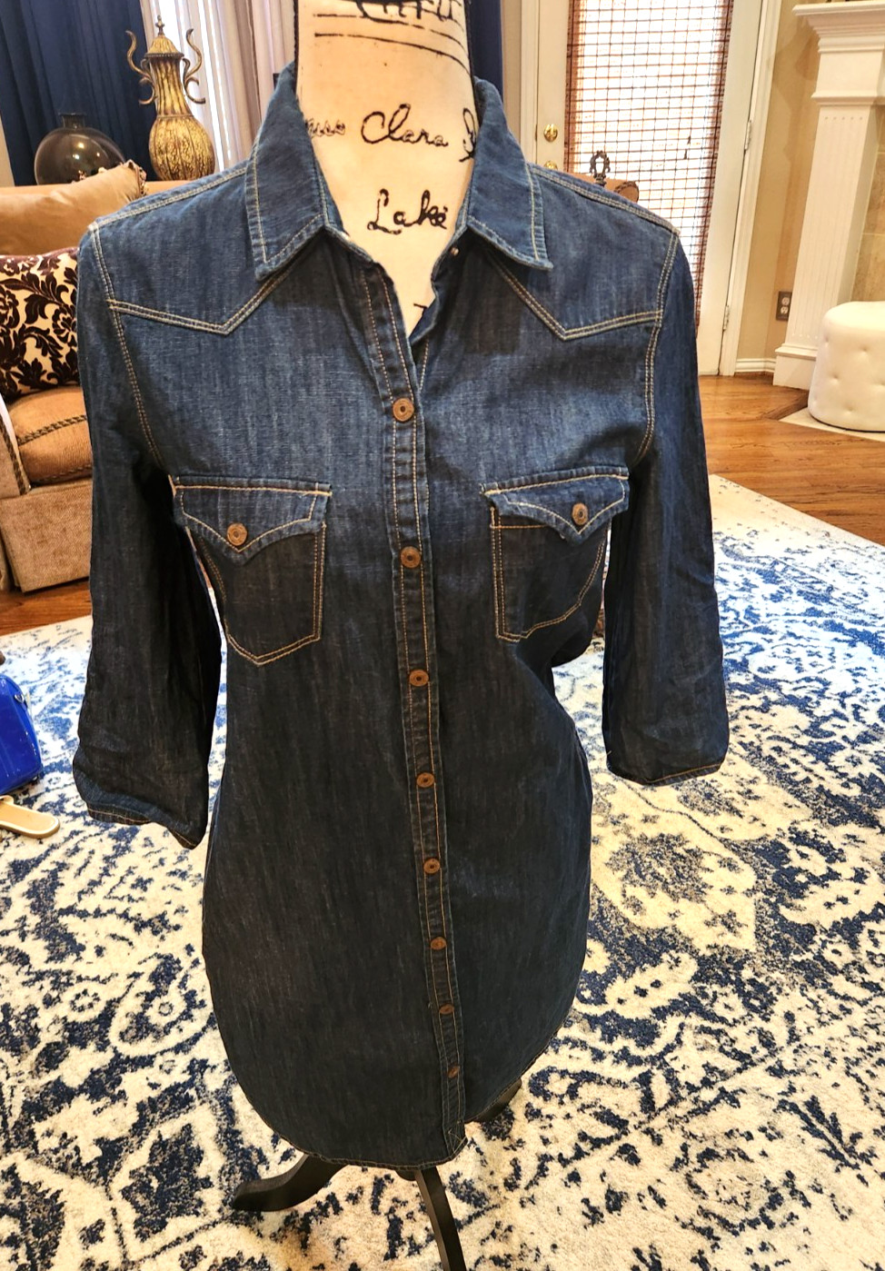 Mango Denim Dress Blue Snap Button Front Size XS, 39 inches from collar to hem