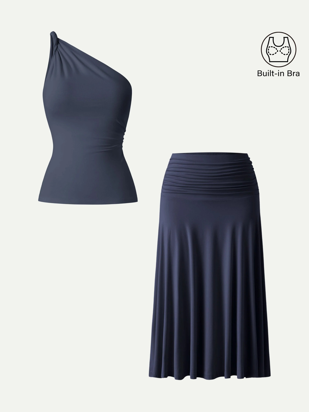 OGL 2Pcs Set One Shoulder Twisted Bra Tank & Side Ruched A-line Midi Skirt