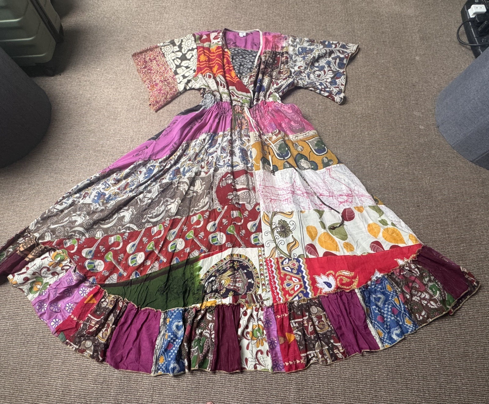 Recycled OOAK Sari Fabric Patchwork Boho Festival Maxi Dress M/L UK 12-16