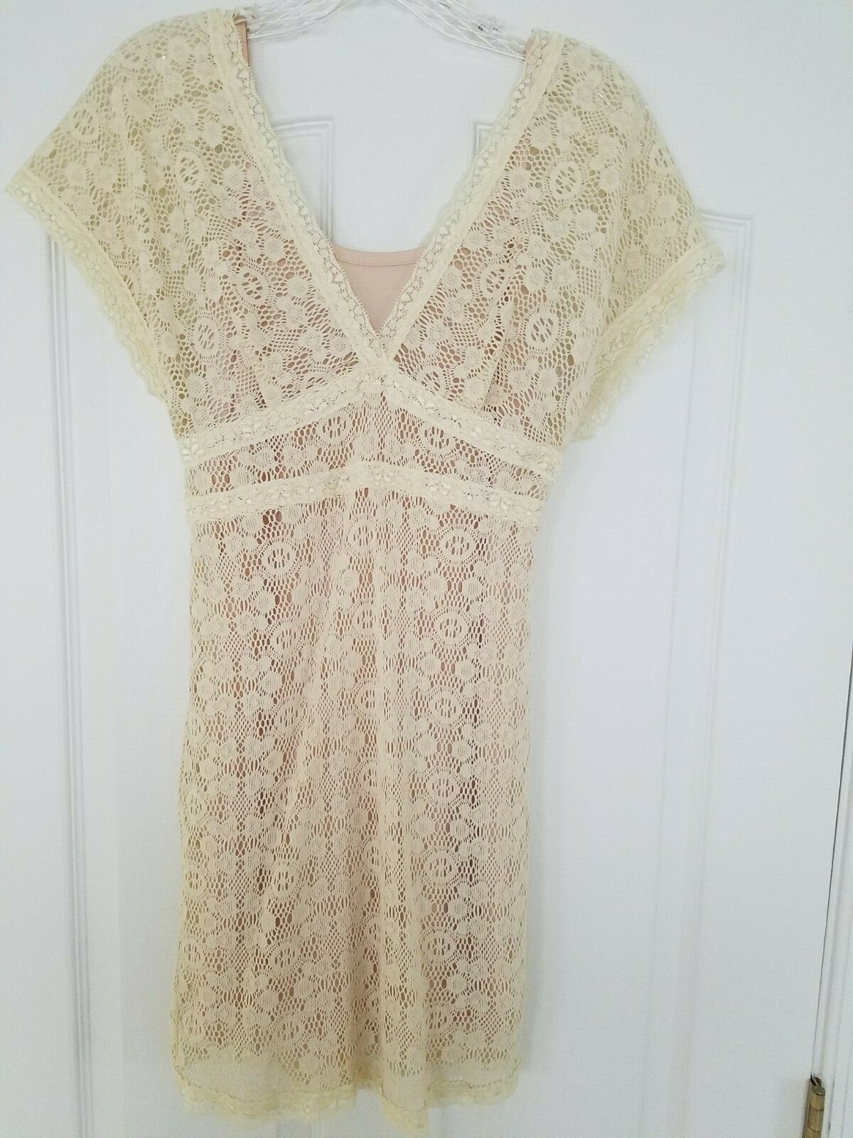 Forever21 Cream Lace Overlay & Trim Short Slv. Nude Lined Dress V Front_Back S/P