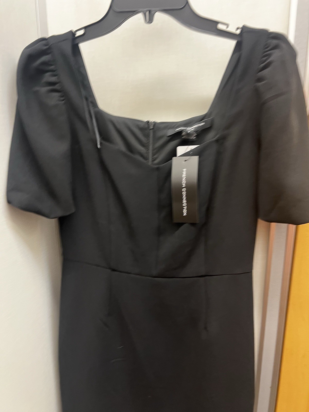 French Connection Women’s Black Square Neck Puff Sleeve Dress Polyester Sz 4 NWT