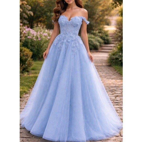 Stacees Women’s Sky Blue A-line Applique Sheer Corset Glitter Prom Dress Size 8