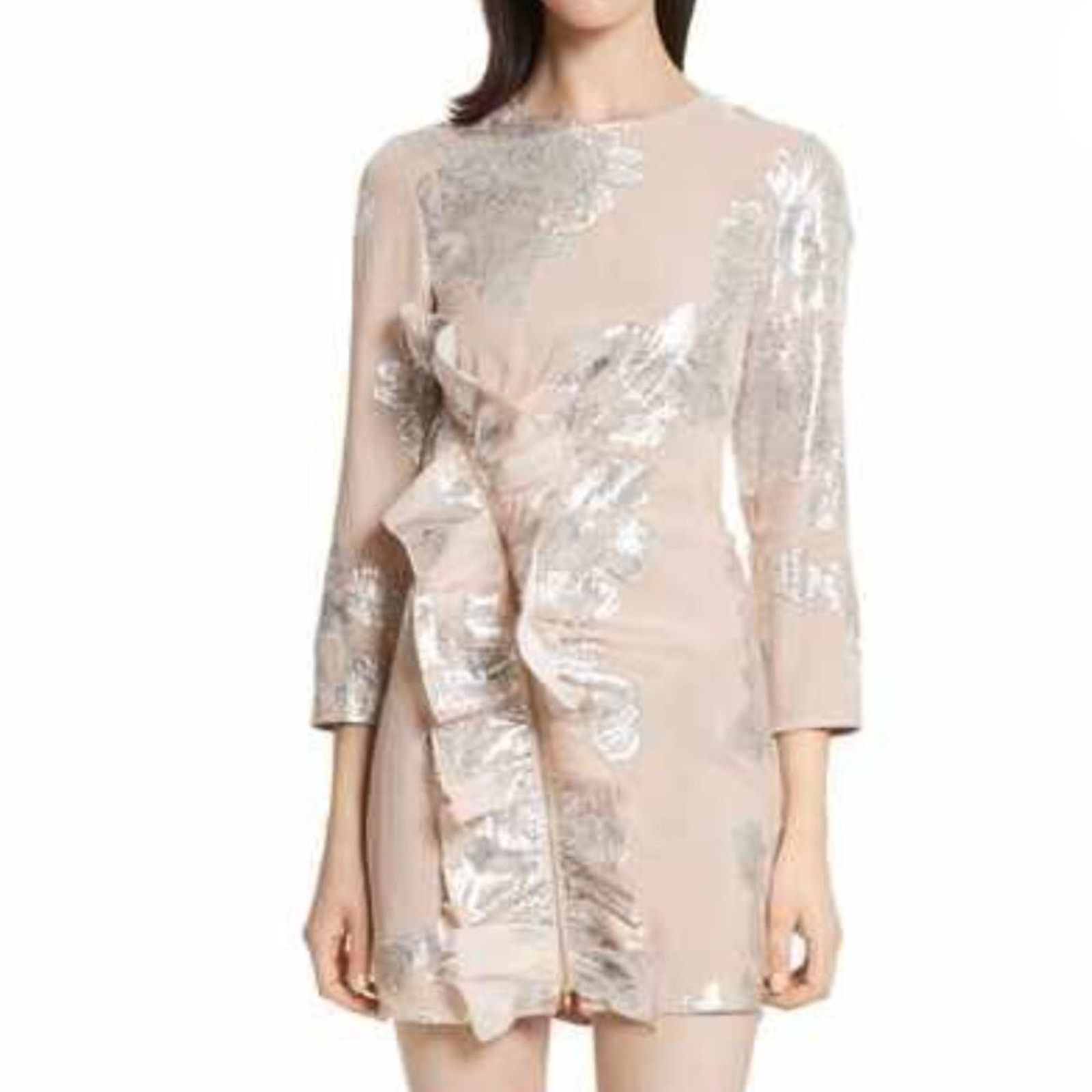 Self-Portrait Metallic Fil Coupe’ Ruffle Minidress in Blush Pink Sz 4 Sprng 2016