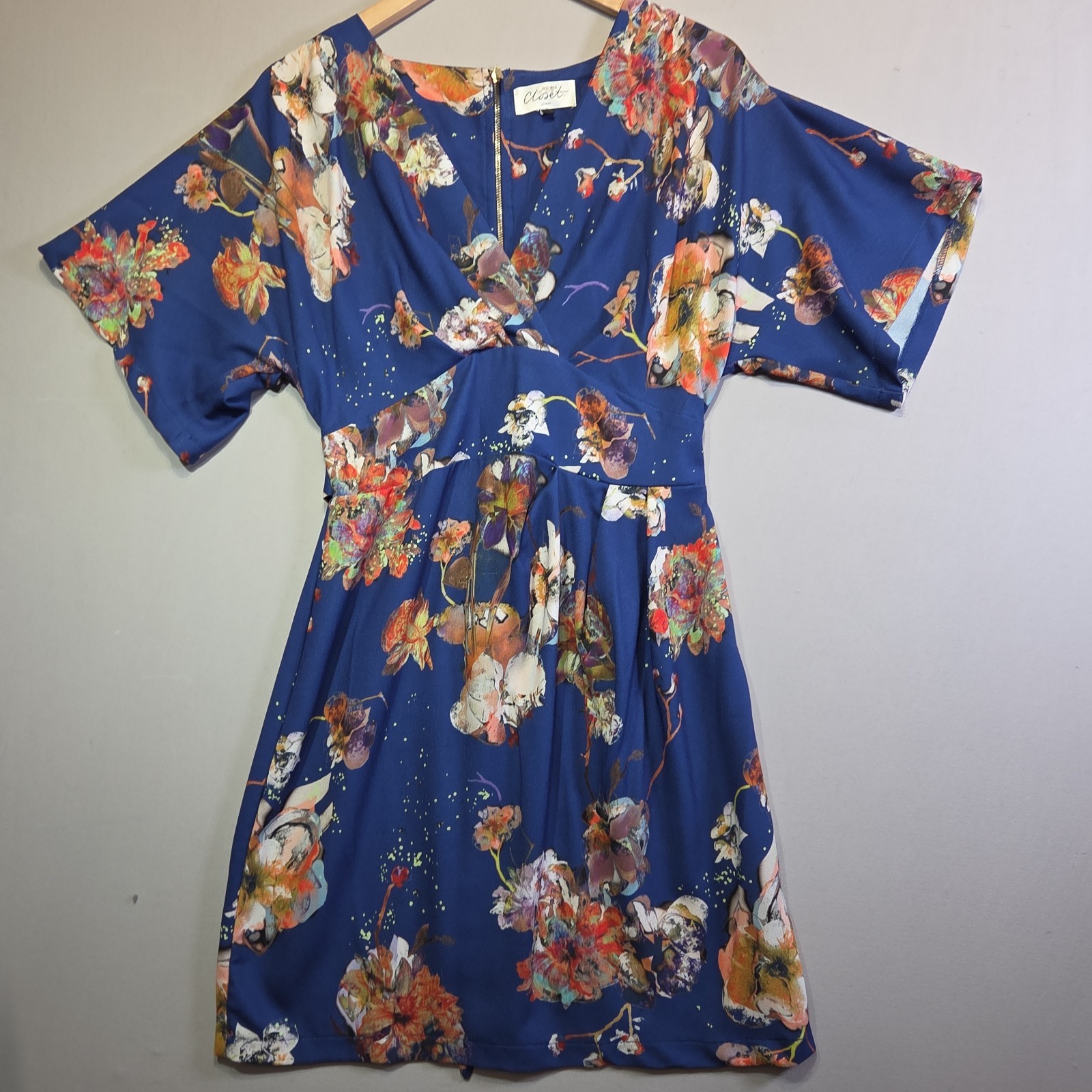 Closet London Floral Fit & Flare Dress Blue V-Neck Tie Back Women’s US 10 UK 14