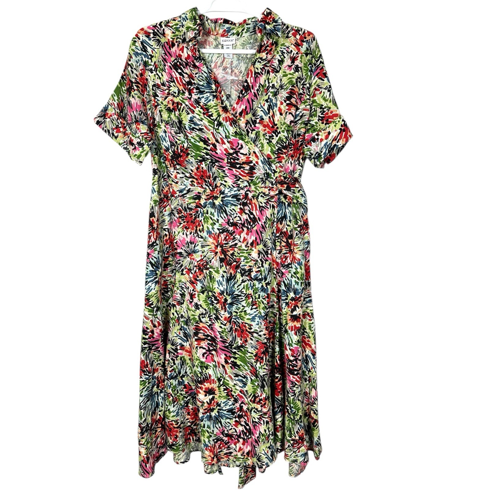 JG Hook VTG Midi Dress Sz 22W Linen Faux Wrap Multicolor Abstract Floral Belted