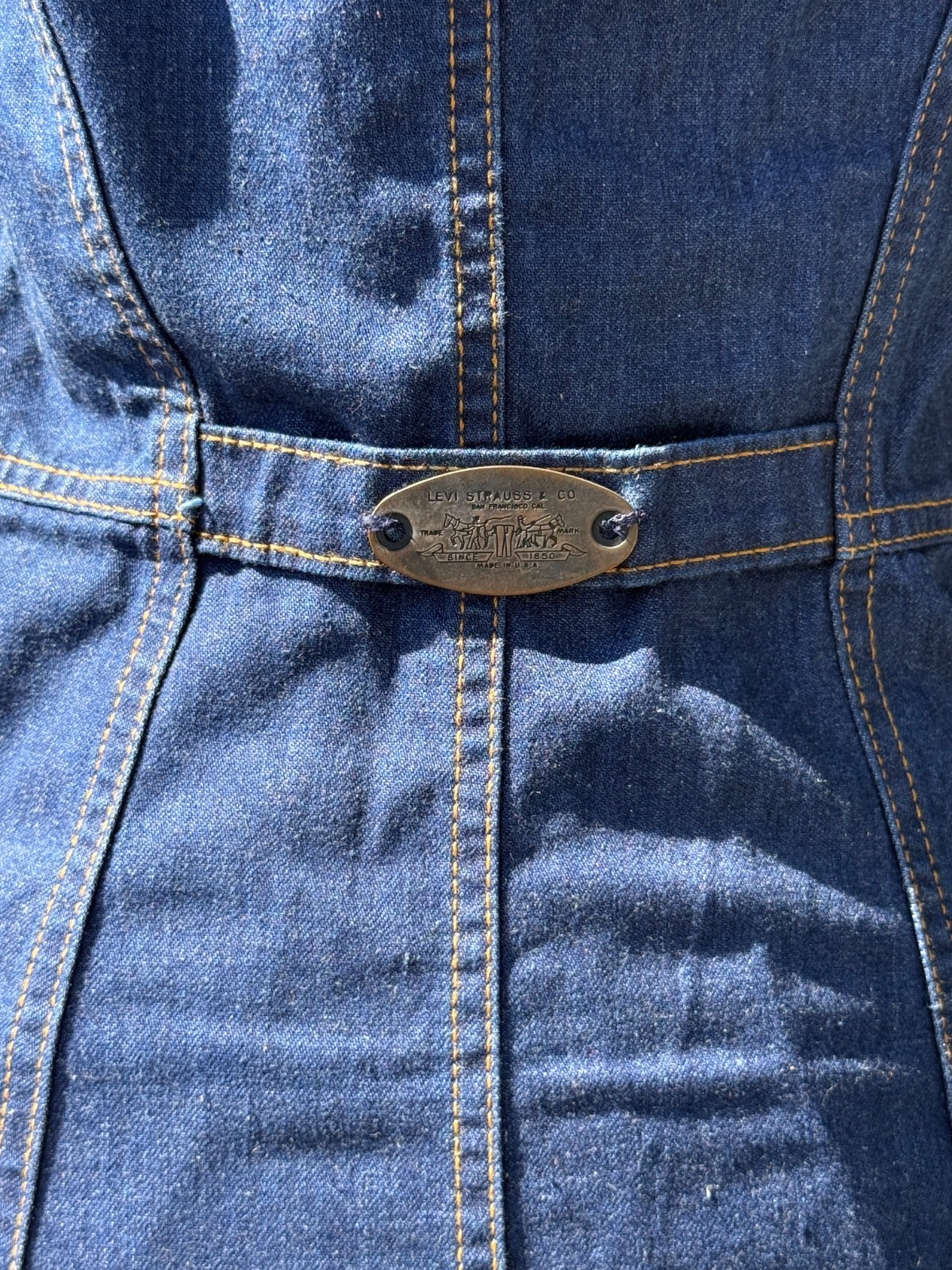 Vintage 70s Levis Denim Sundress Fitted Button Front Dress Brass Buckle In Back