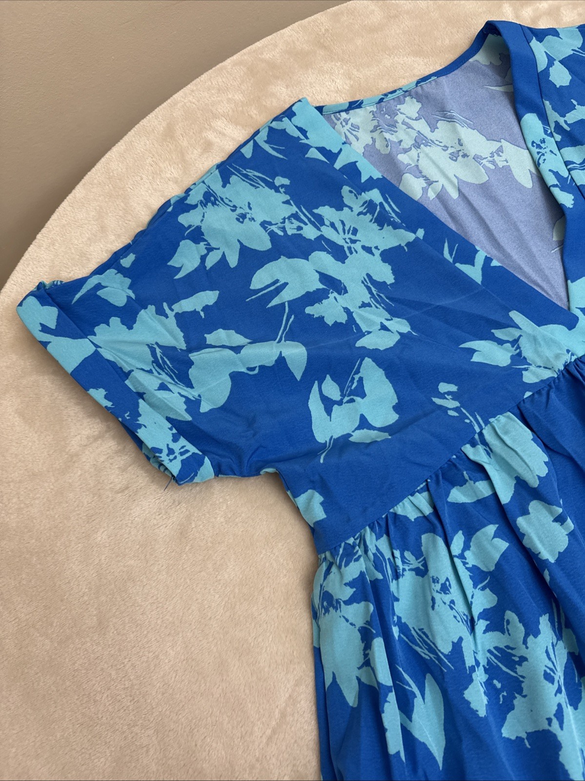 Womans Floral Blue Short Sleeve STRETCH Summer Dress Size LARGE 8/10 NEW!