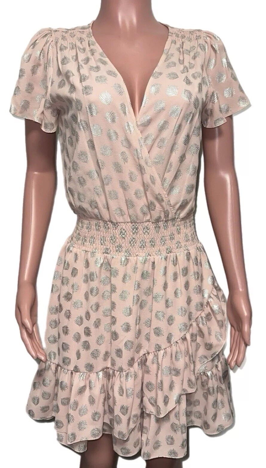 Michael Kors S Wrap Ruffled Flutter Sleeve Smocked Rosewater Silver Print Dress