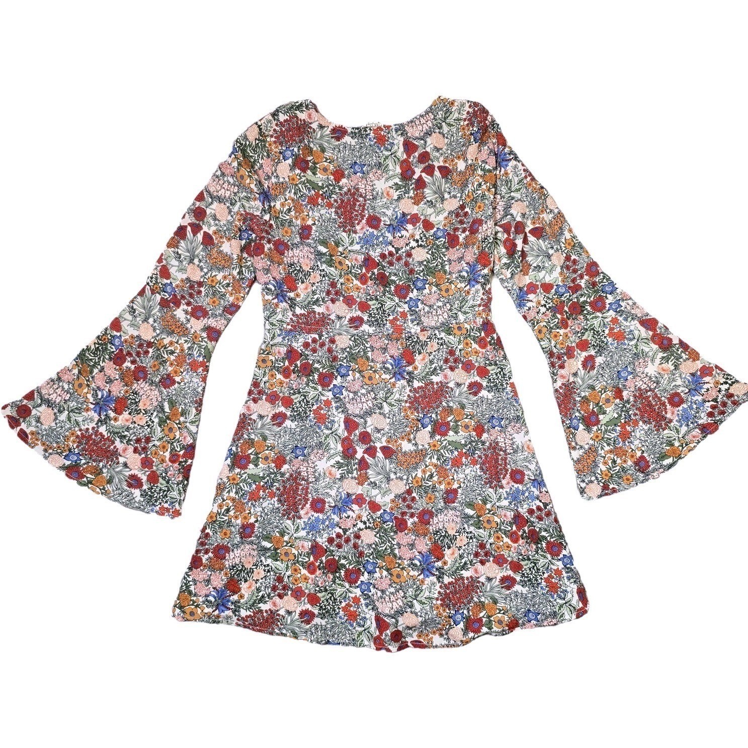 Pink Owl Boho Dress Floral Bell Sleeve Womens Small V-Neck Drawstring Multi