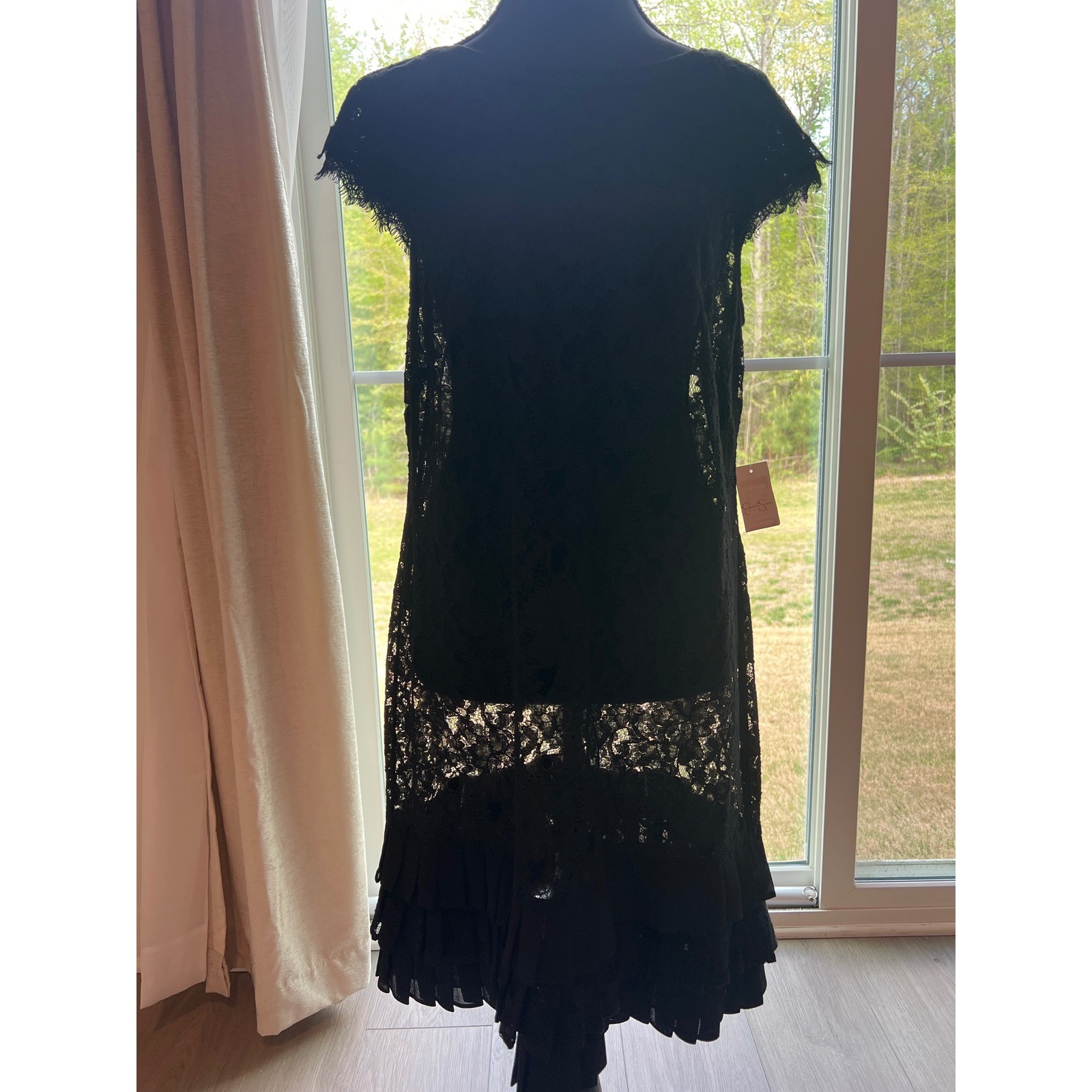 Jessica Simpson Sheer Black Lace Tiered Pleated Hem U-Back Dress Women’s 12 NEW