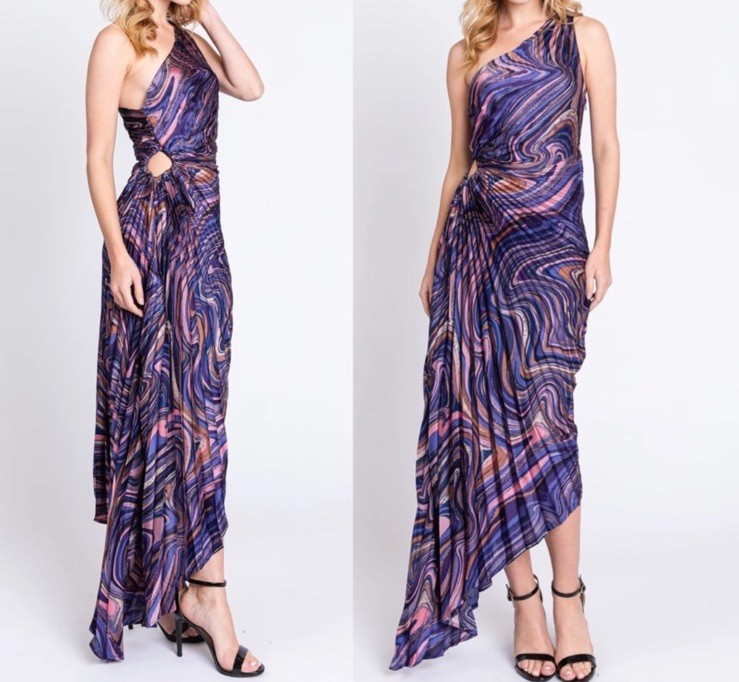 NWT Dress Forum Purple Swirl Pleated One Shoulder Asymmetric Maxi Dress Size M