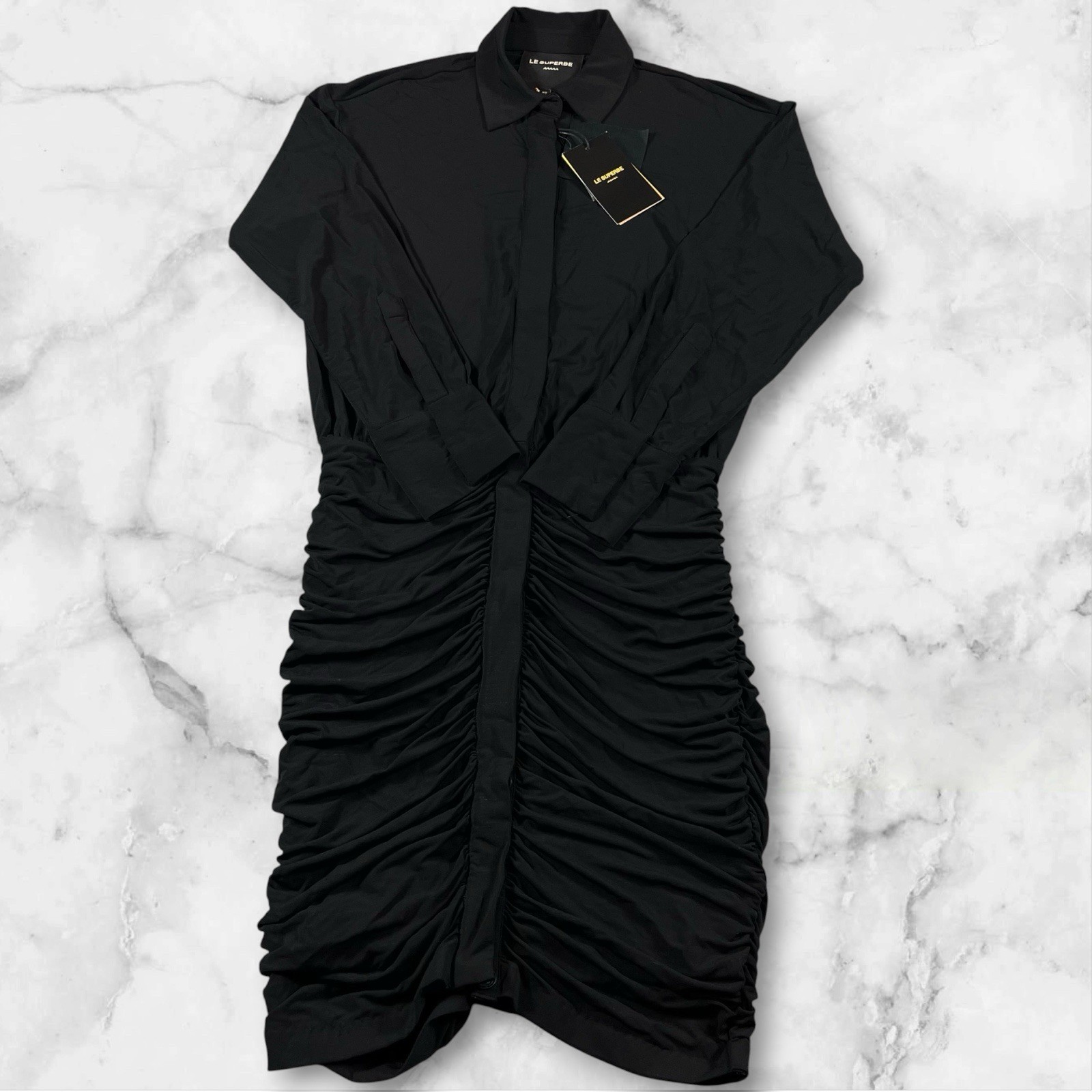 Le Superbe Rose Garden Dress Noir Black Ruched Shirt Dress Women’s XS NWT
