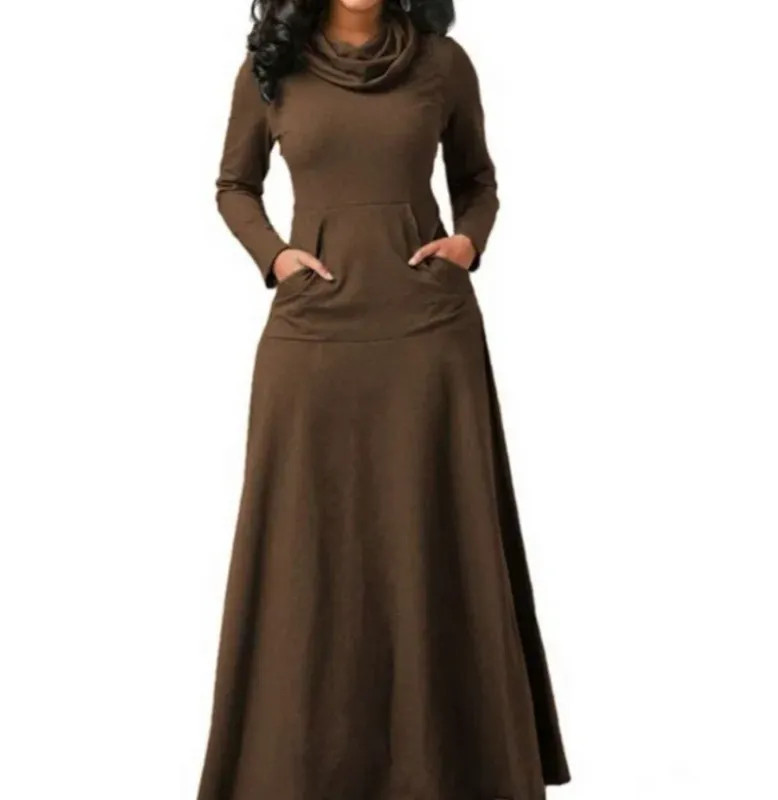 Plus Size 5XL Elegant Long Maxi Dress spring Winter Warm High Collar Women