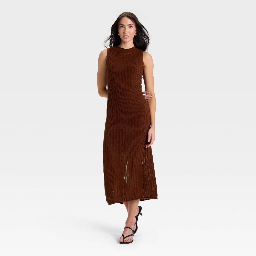 A New Day Pointelle Maxi Sweater Dress Womens Medium Brown Sleeveless Back Slit