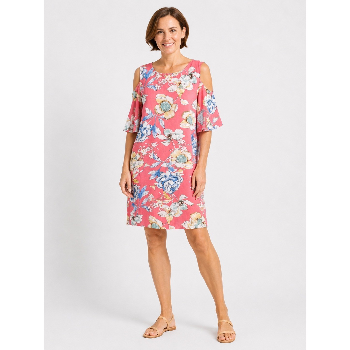 Umgee USA Floral Cold Shoulder Dress Size Small Pink Blue Boho