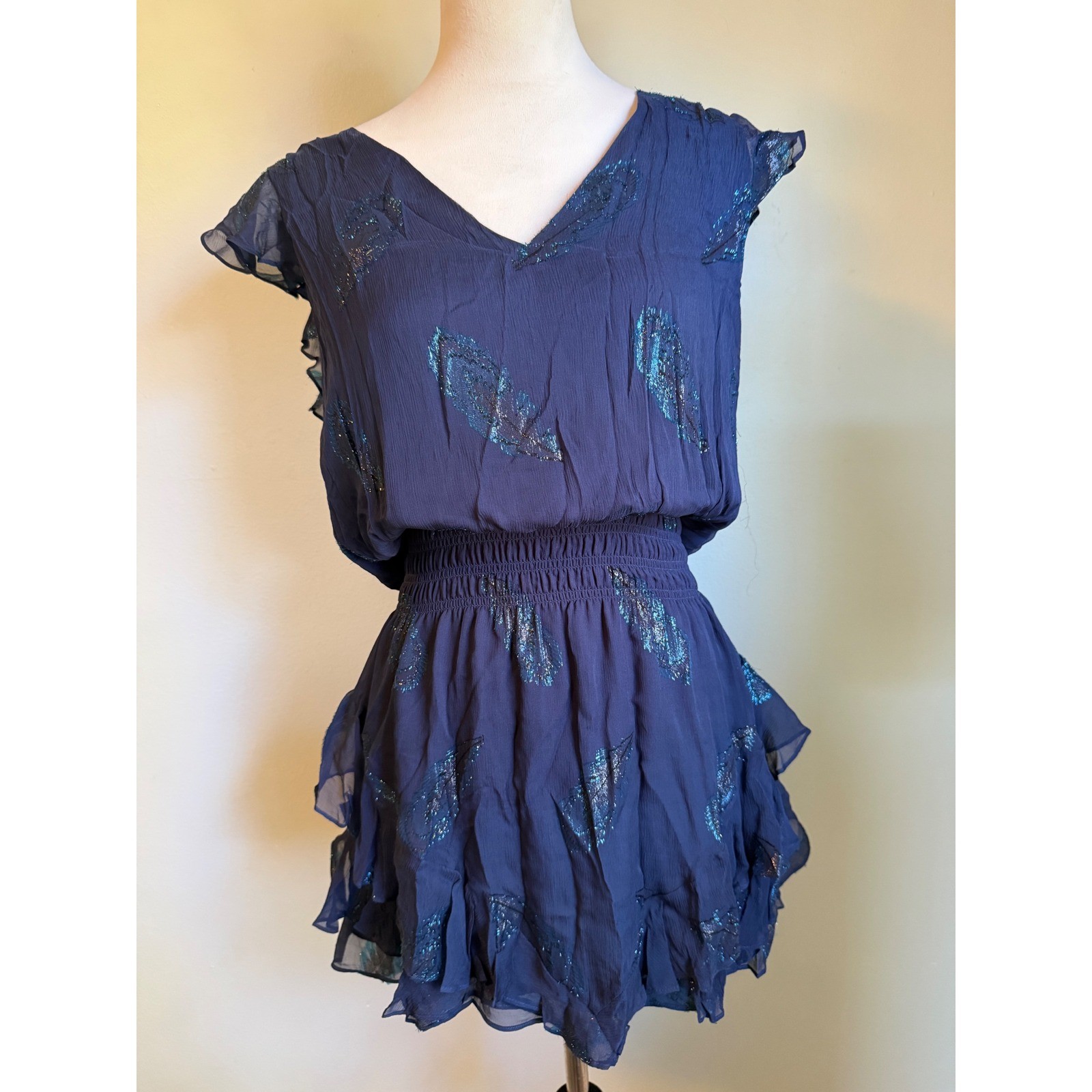 Ramy Brook Navy Blue Metallic Feather Silk Ruffle Mini Dress M boho whimsidainty
