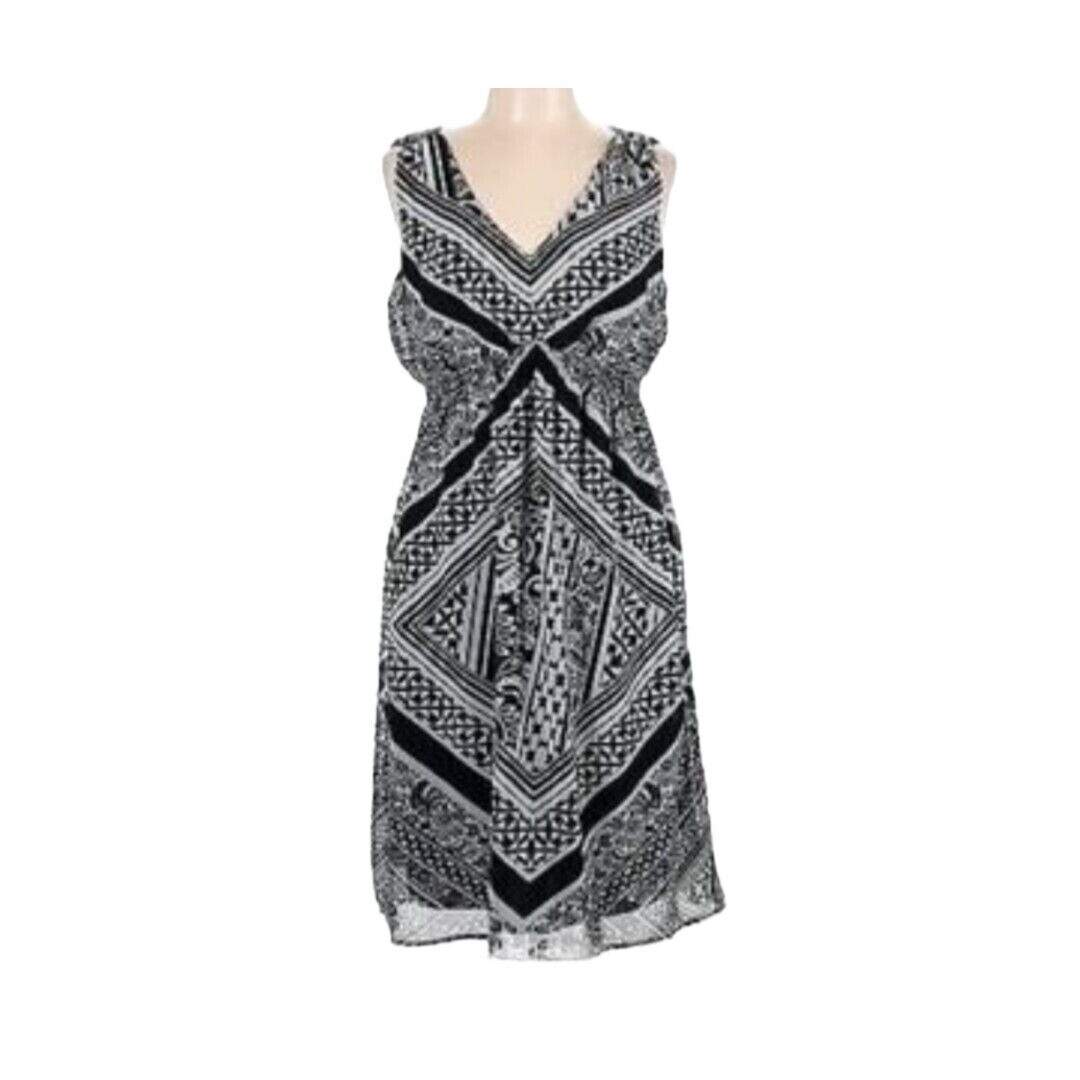 Mossimo Dress Woman’s L Black White Chiffon V Neck Sleeveless Flowy Fully Lined