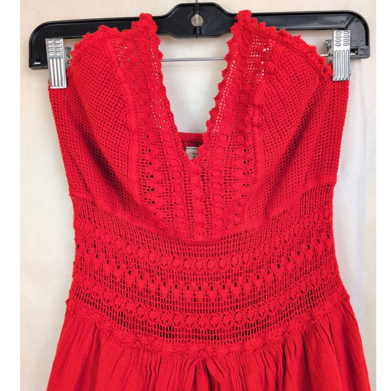 Seaspice red Peruvian cotton crocheted lace panel slit halter dress Size M Boho