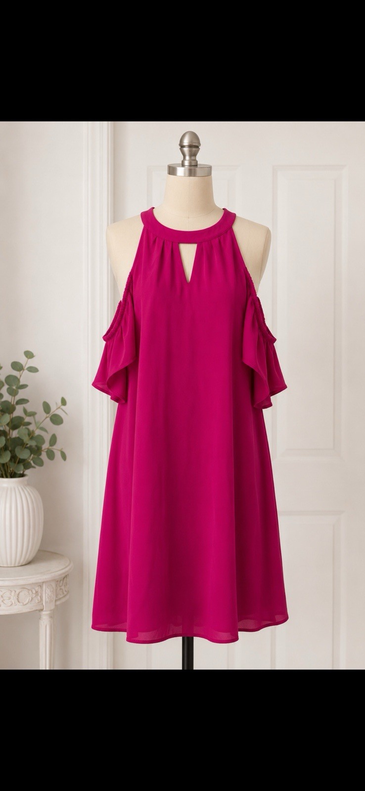 Lily Rose Pink Solid High Neck Cold Shoulder Ruffle Trapeze Swing Dress M
