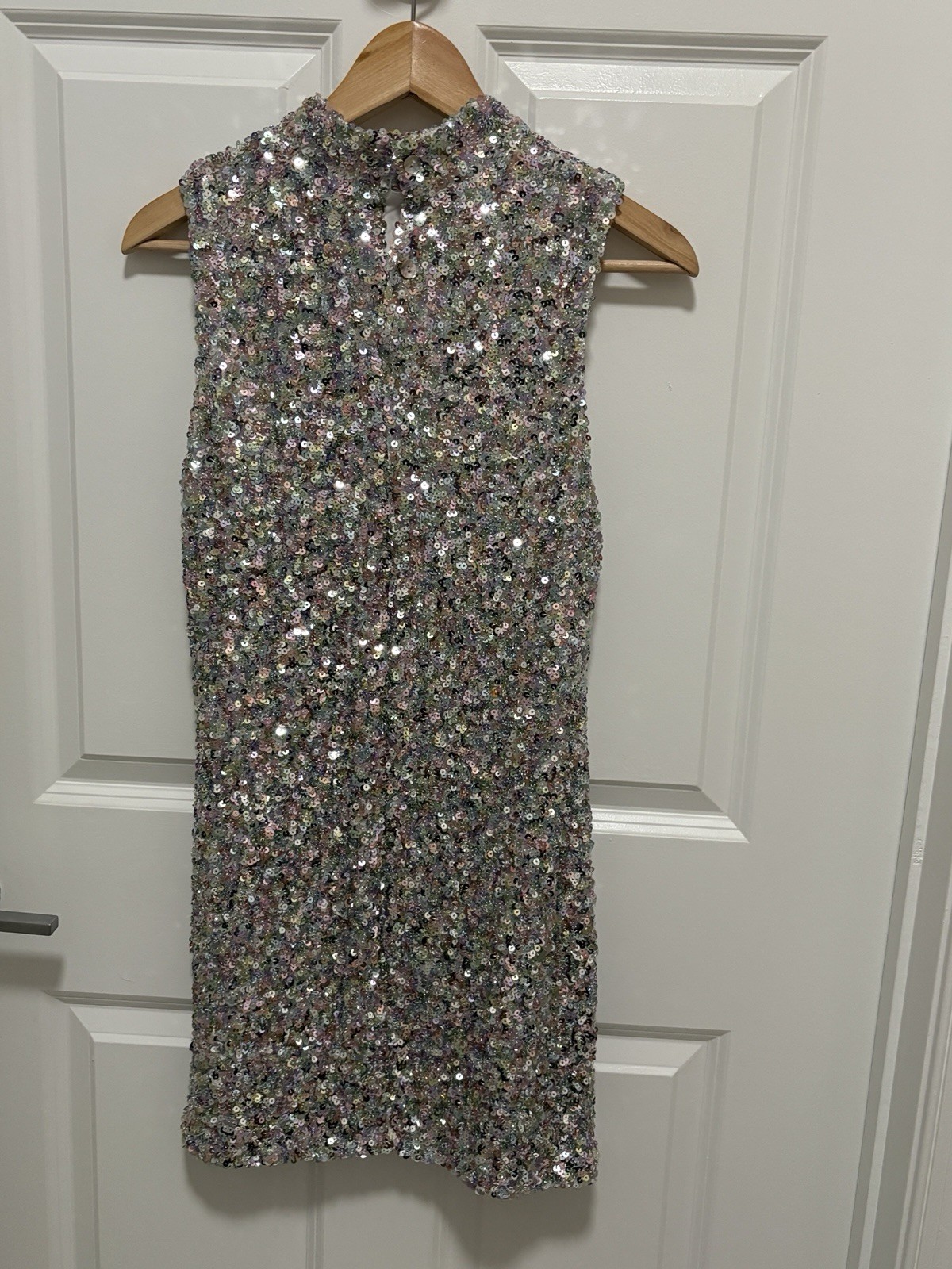 Nasty Gal High Neck Sleeveless Sequin Mini Silver Dress Sz 8