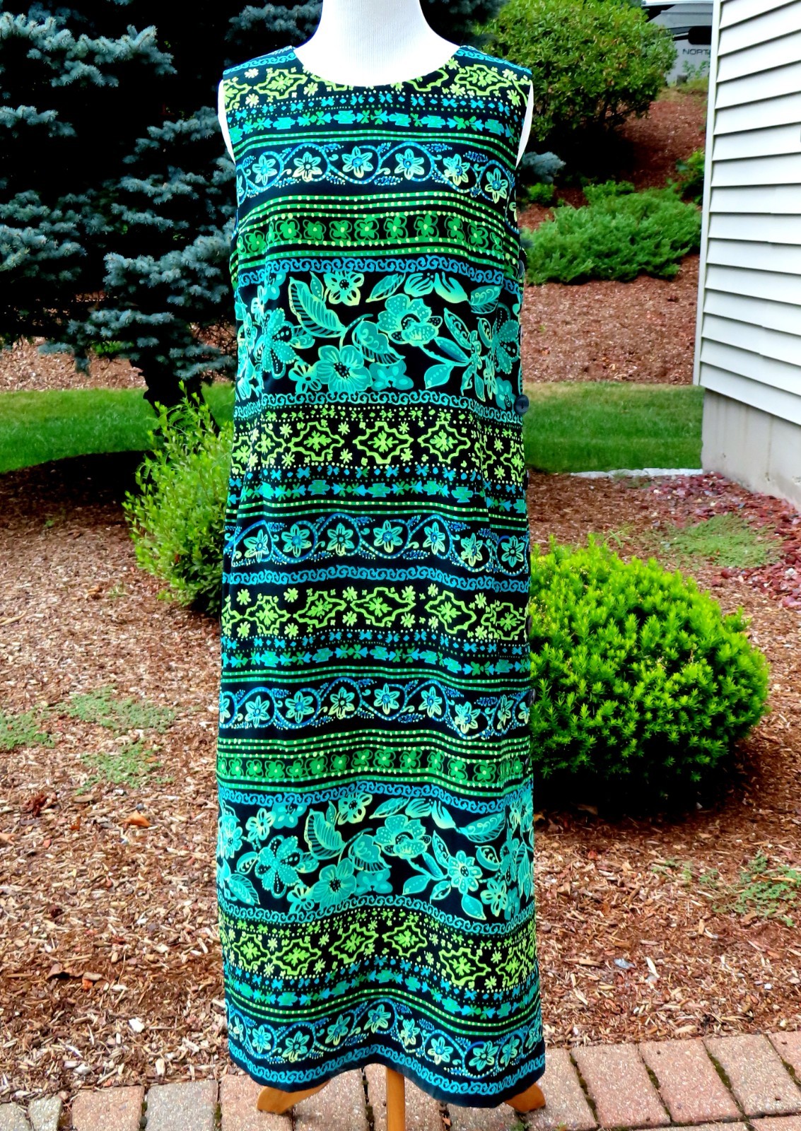 Coldwater Creek 12P Long Sleeveless Dress Blue Green Black Floral Low Side Slit