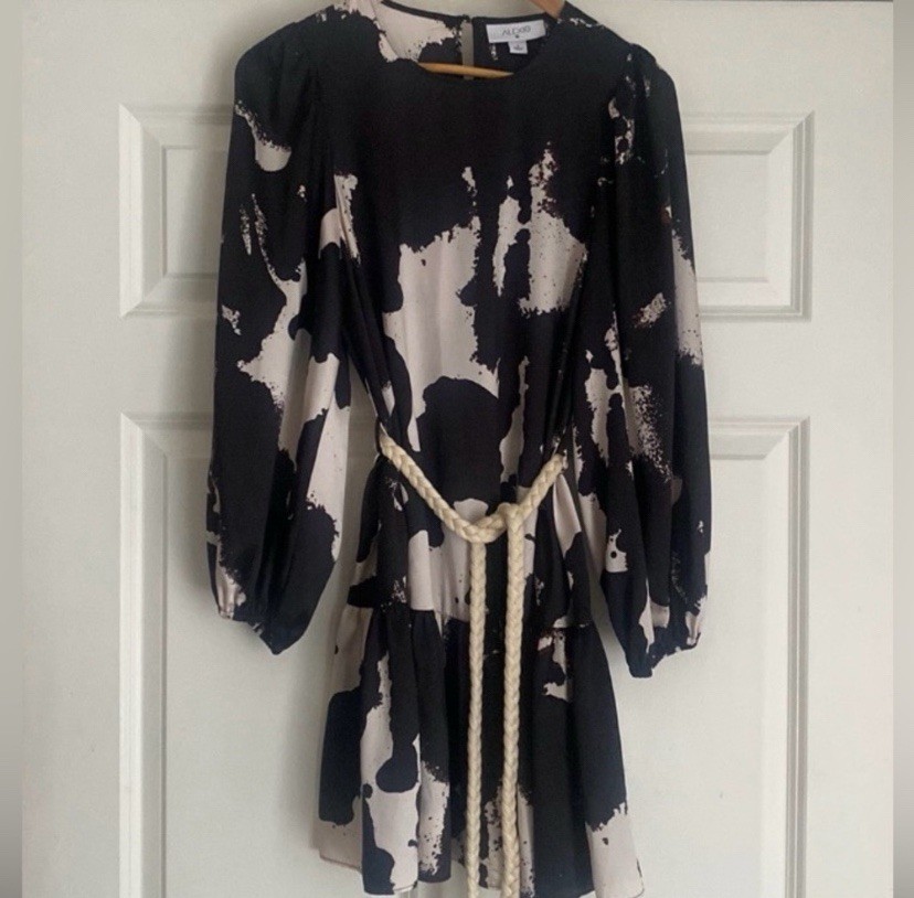 Alexis x Target Ruffle Mini Dress Size S Abstract Print Black & Tan Rope Belt