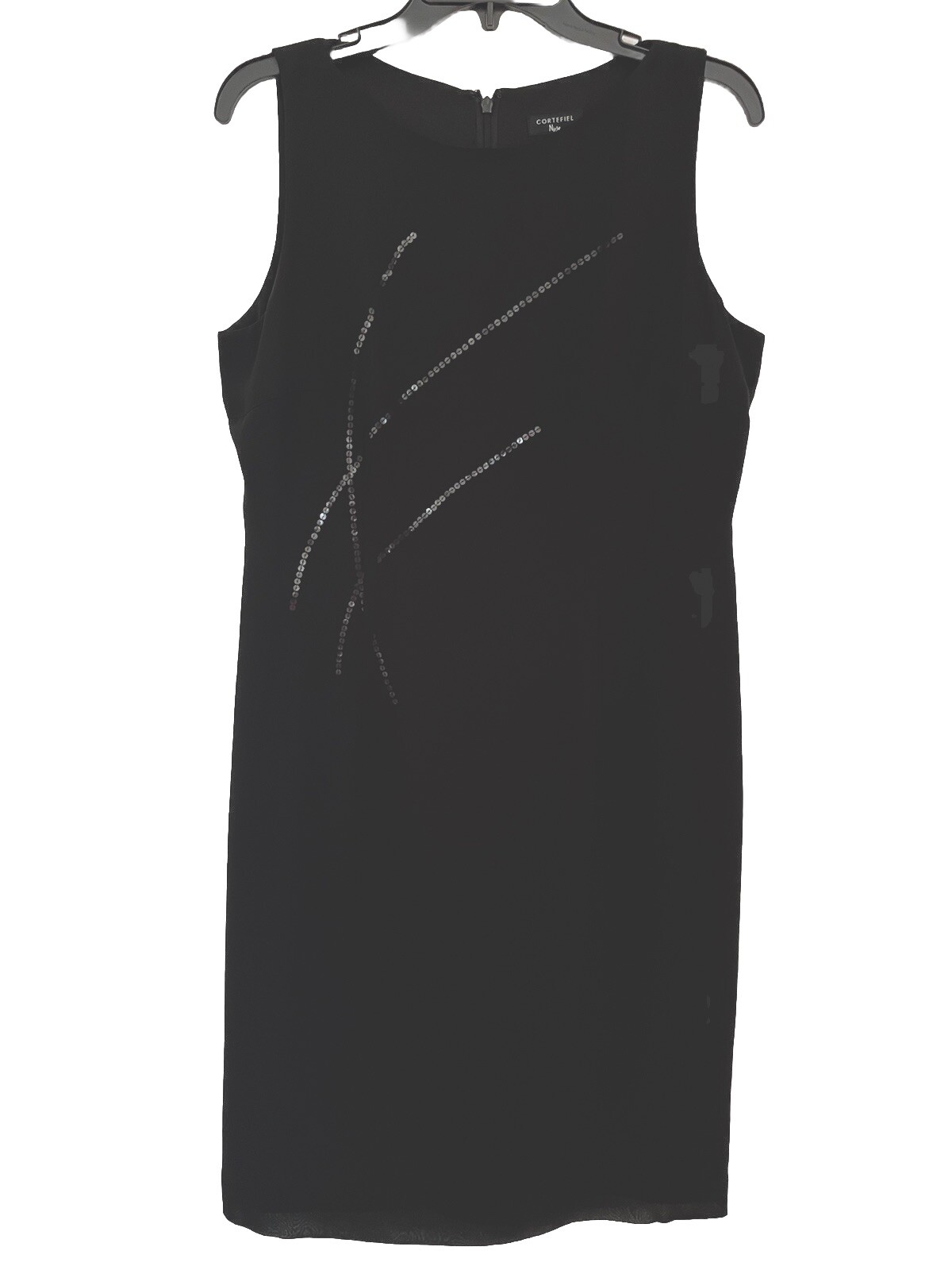 Cortefiel Night Black Chiffon Lined Sheath Dress Sequin Trim Size 44 US 10-12
